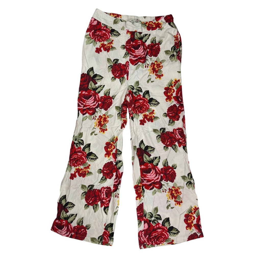 Miss Selfie Cottagecore Boho Womens Wide Leg Pants White Red Floral Rayon Large